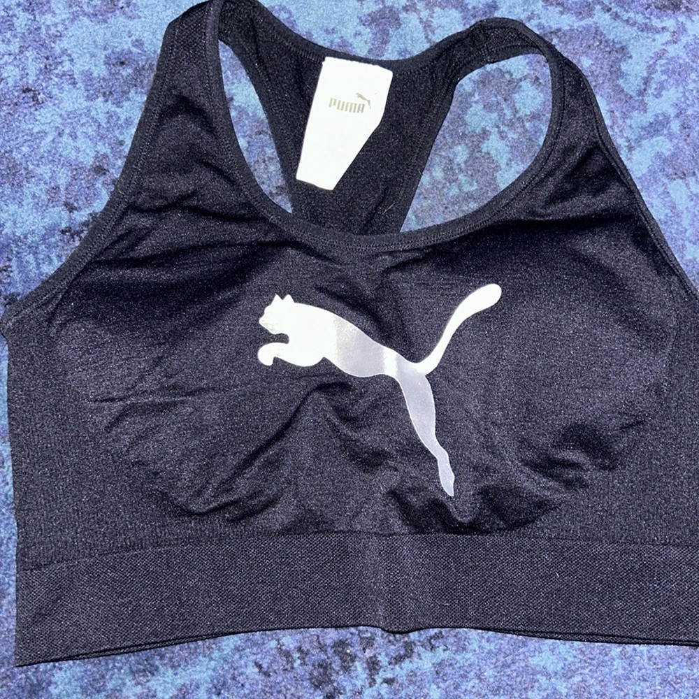 PUMA Racerback Silver Puma Logo Sport Bra (Black) - Sz XL removable breast pads